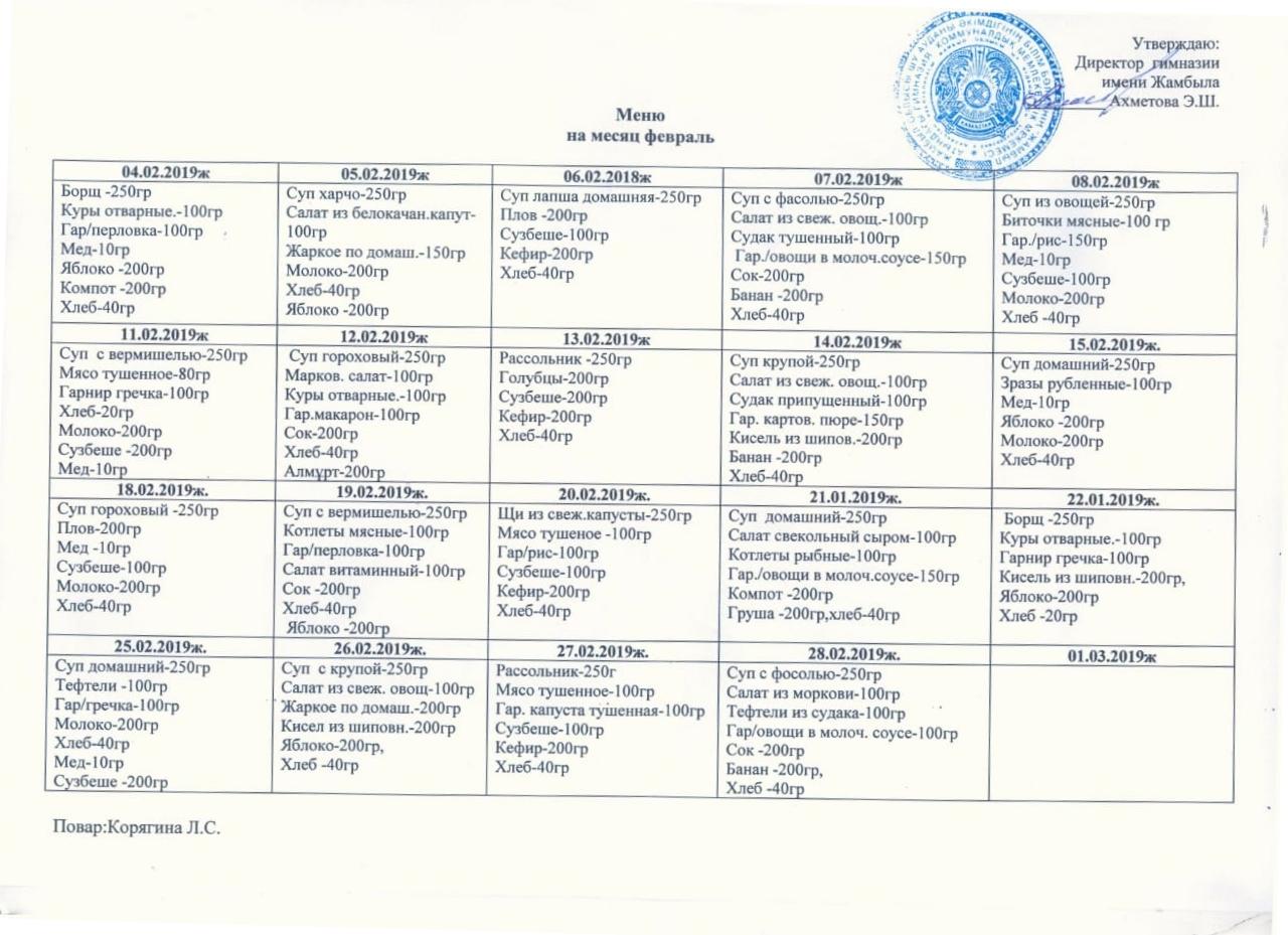 Меню на неделю в столовой для рабочих